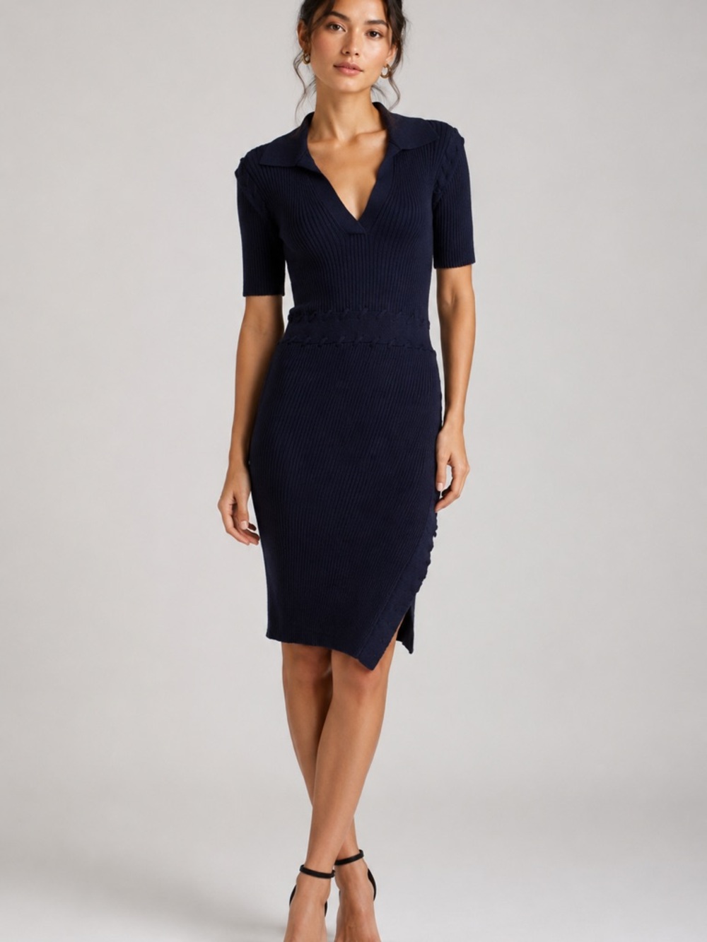Collared V-Neck Midi Knit Dress in Navy